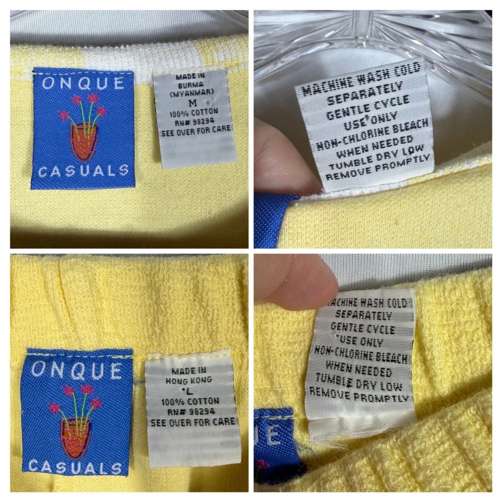 Vtg ONQUE Nautical Lounge Set Cardigan M & Pants L Yellow Cotton Coastal 90s Y2K